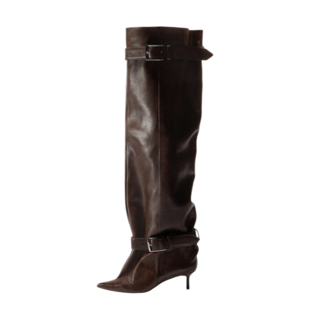 Leather Work Dress - Women Pointed Toe Kitten Heel Over‑the‑Knee