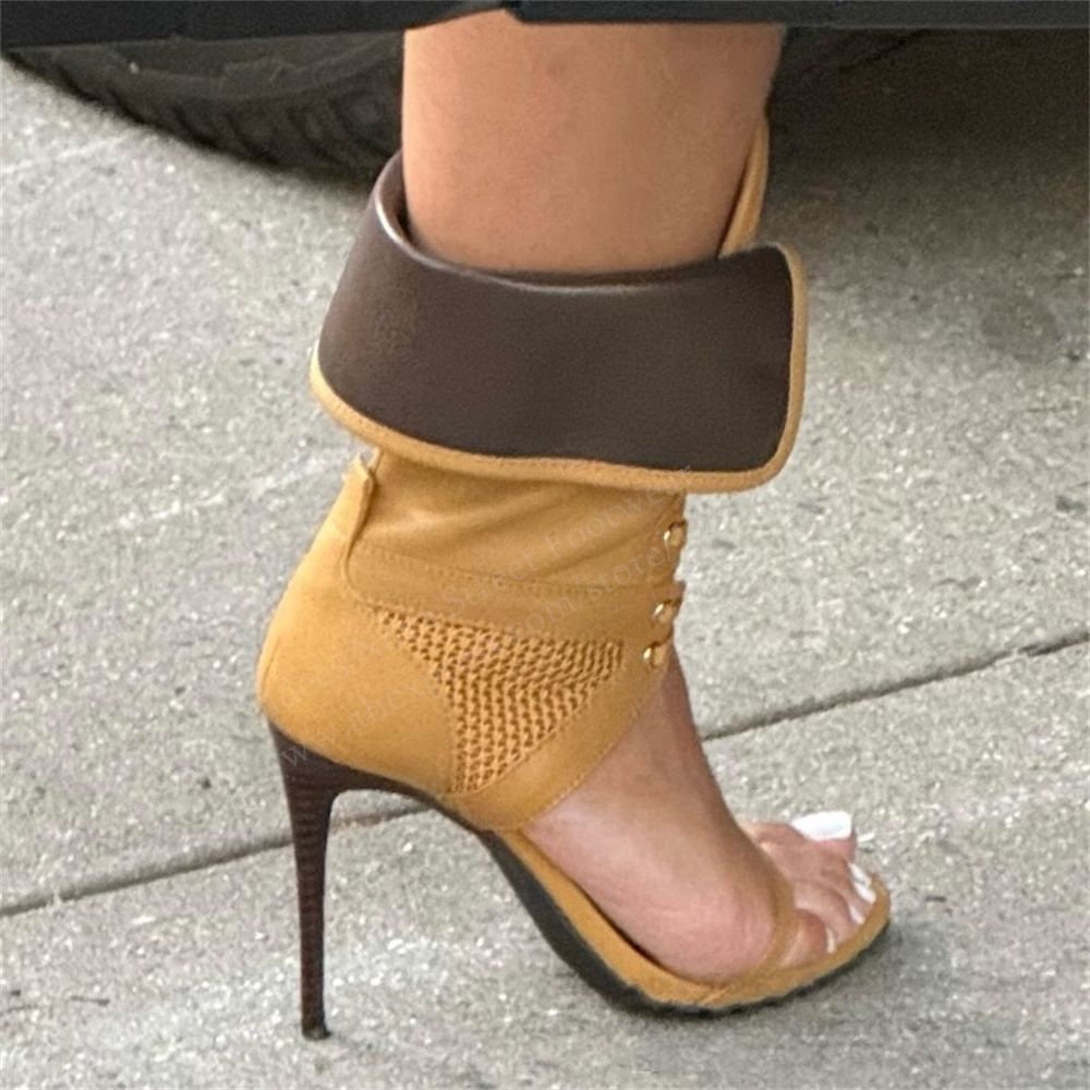Leather Work Heels - Women Open Toe Stilettos Lace Up